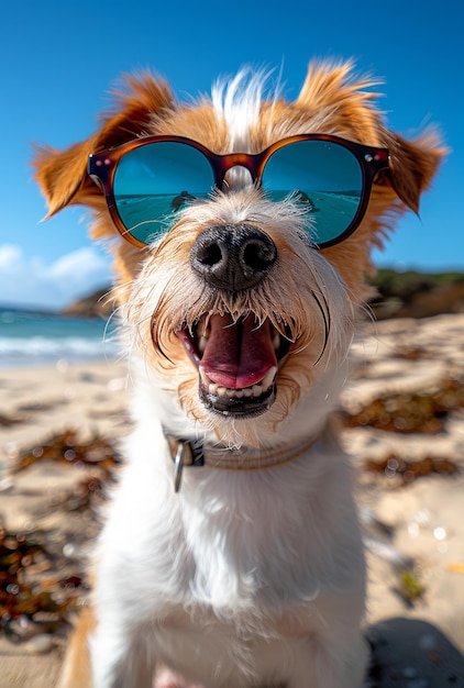 Ein glücklicher Hund trägt eine Sonnenbrille am Strand