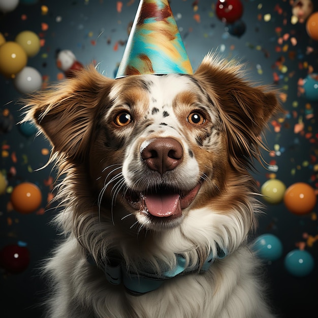 Ein glücklicher Hund trägt einen Partyhut und feiert auf einer Geburtstagsfeier