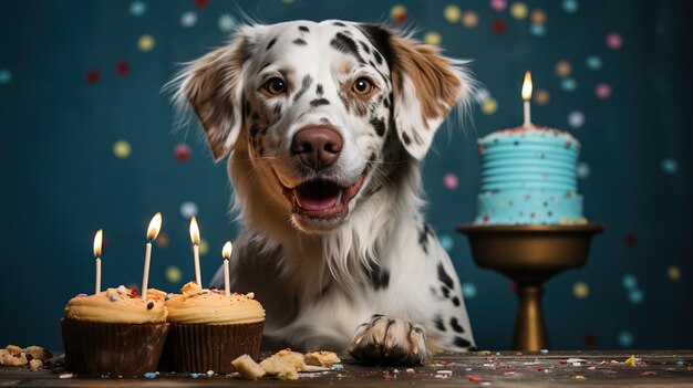 Foto ein glücklicher hund trägt einen partyhut und feiert auf einer geburtstagsfeier