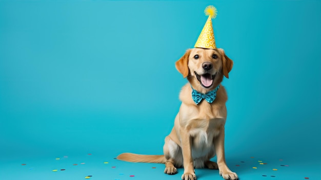 Foto ein glücklicher hund trägt einen partyhut und feiert auf einer geburtstagsfeier