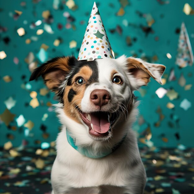 Foto ein glücklicher hund trägt einen partyhut und feiert auf einer geburtstagsfeier