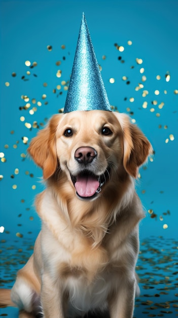 Ein glücklicher Hund trägt einen Partyhut und feiert auf einer Geburtstagsfeier