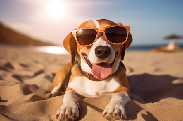 Ein glücklicher Hund trägt im Sommer eine Sonnenbrille am Strand