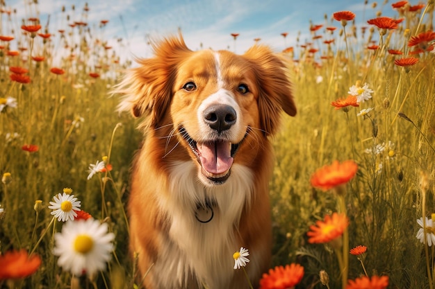 Ein glücklicher Hund umgeben von bunten Blumen an einem sonnigen Tag