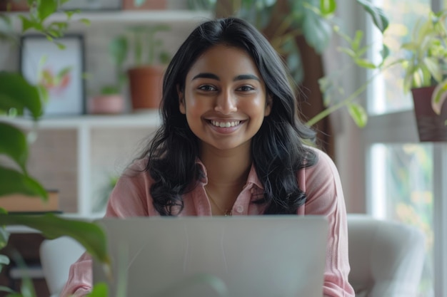 Ein glücklicher indischer Student, der zu Hause online studiert