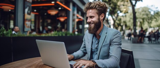 Foto ein glücklicher ingenieur sitzt mit einem laptop vor einem café