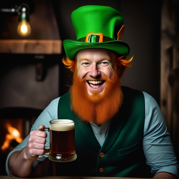 Ein glücklicher Ire mit rotem Bart hält am St. Patrick's Day einen Becher Bier in der Hand