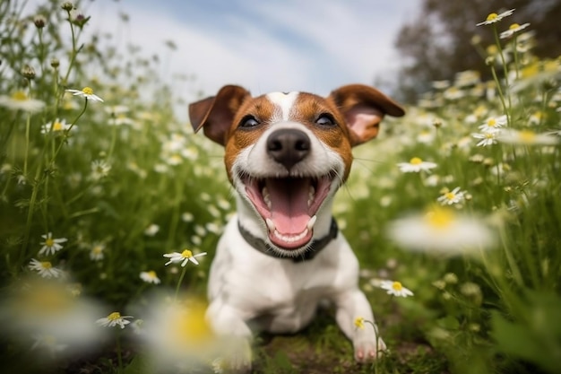 Ein glücklicher Jack-Russell-Terrier auf einem Feld mit Gänseblümchen