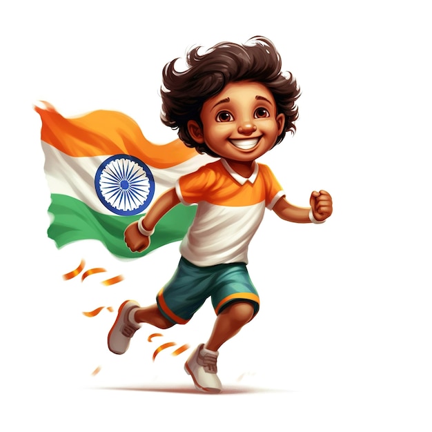 Ein glücklicher Junge hält die indische Flagge in der Hand und läuft Generative ai