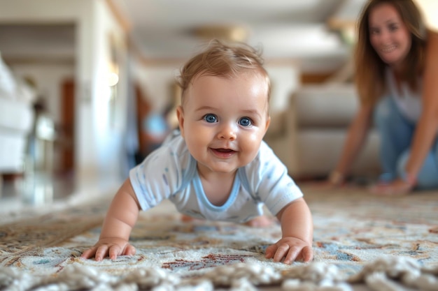 Ein glücklicher Junge lernt zu Hause mit Hilfe seiner Mutter seine ersten Schritte zu machen