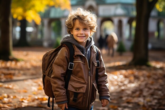 Ein glücklicher Junge mit einem Rucksack und Tablets kehrt von der Schule nach Hause zurück Der Schüler ist froh über das Ende