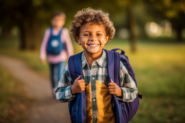 Ein glücklicher Junge mit einem Rucksack und Tablets kehrt von der Schule nach Hause zurück Der Schüler ist froh über das Ende