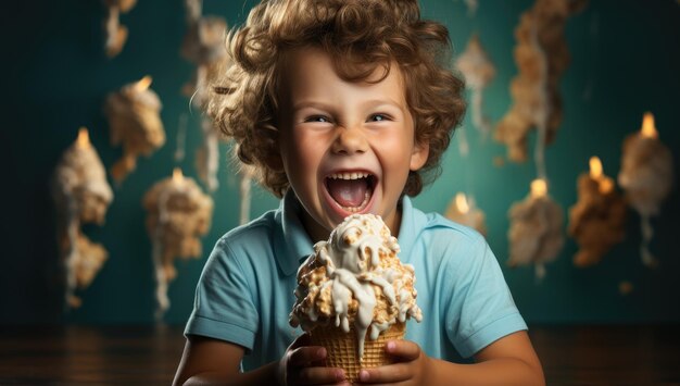 Ein glücklicher Junge mit lockigem Haar genießt Eiscreme