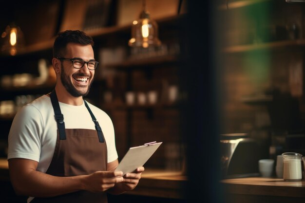 Ein glücklicher junger Barista spricht und gibt Ratschläge zum Kaffeetrinken in einem Café