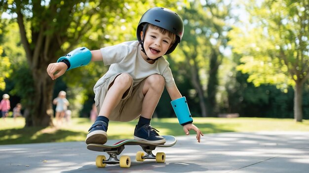 Ein glücklicher junger Junge spielt im Park Skateboard, ein kaukasisches Kind fährt auf einem Pennyboard und übt Ska.