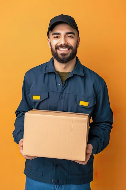 Foto ein glücklicher junger lieferant, der ein paket mit einem lächeln hält