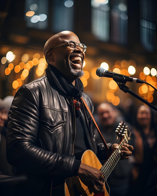 Foto ein glücklicher junger mann, der ein gottesdienstkonzert in einer christlichen kirchenveranstaltung gibt