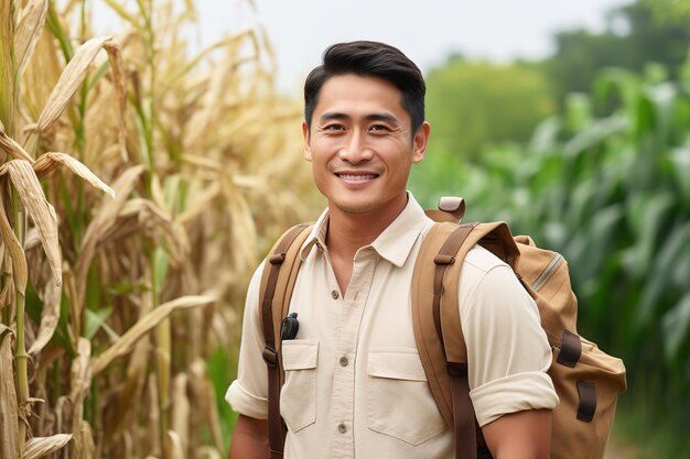 Ein glücklicher junger Mann, der ein lässiges Outfit mit einem Rucksack trägt und in einem Maisfeld steht