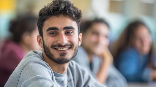 Ein glücklicher junger Mann mit Bart, der in einem Klassenzimmer für die Kamera lächelt