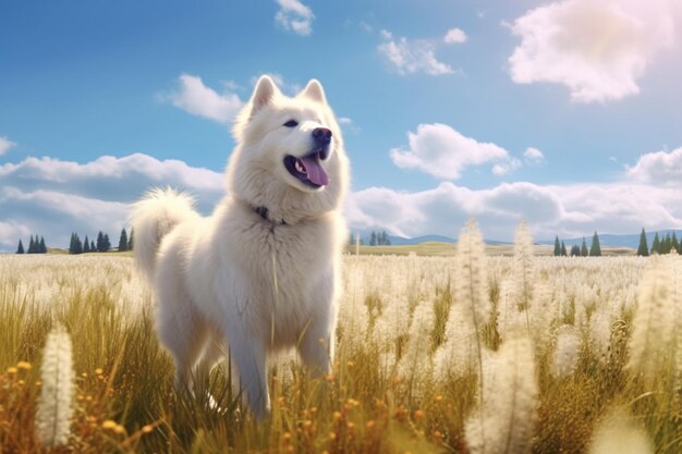 Ein glücklicher kanadischer Eskimo-Hund steht auf einem sonnigen Feld.