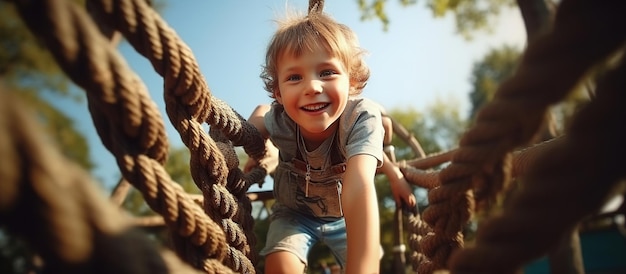 Ein glücklicher kleiner Junge, der in einem Seilbrückenpark spazieren geht, AI-generiertes Bild