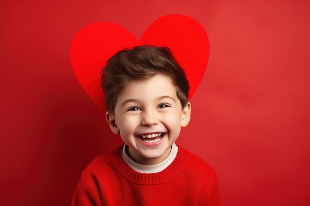 Ein glücklicher kleiner Junge mit roten Herzen am Valentinstag