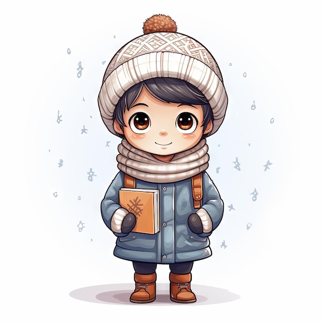 Foto ein glücklicher kleiner junge trägt einen schneeflockenmusterhut und hält ein malbuch mit winterthemen