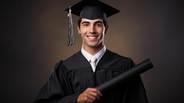 Ein glücklicher, lächelnder, absolvierender Student in einem akademischen Kleid hält sein Diplom isoliert auf schwarzem Hintergrund