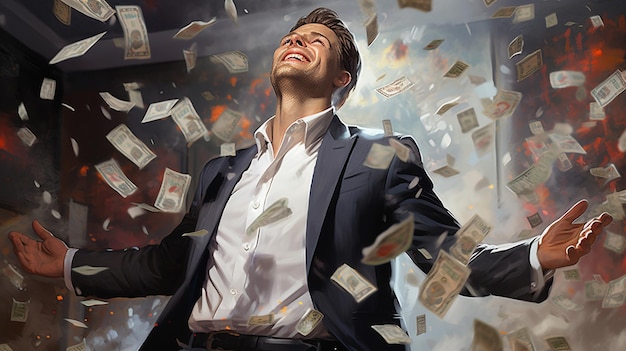 ein glücklicher lächelnder Geschäftsmann mit einem Geldpaket im Regen