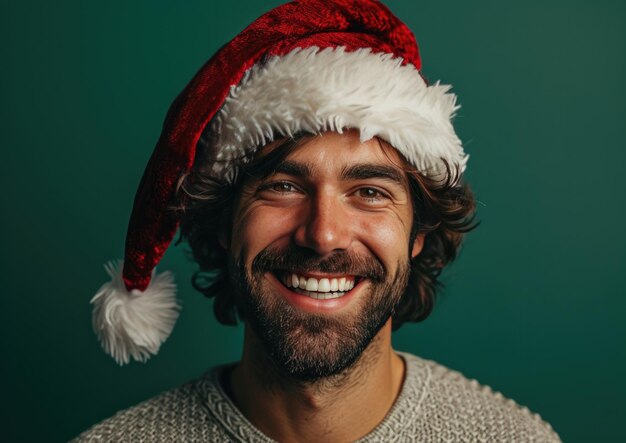 ein glücklicher, lächelnder, hübscher Mann mit Weihnachtsmannshut im Hintergrund von Weihnachten