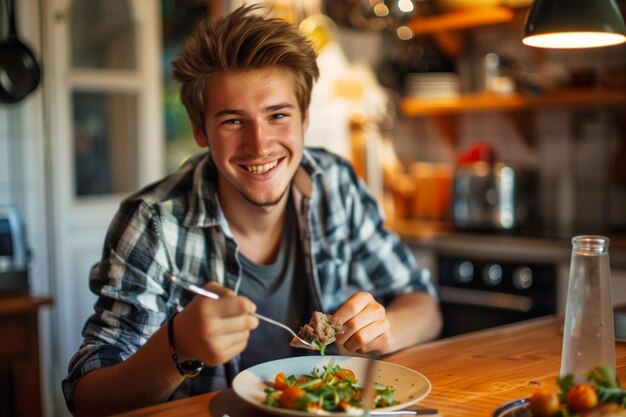 Ein glücklicher, lächelnder junger Mann isst ein Essen in einem rustikalen Abendessen