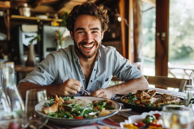 Ein glücklicher, lächelnder junger Mann isst ein Essen in einem rustikalen Abendessen