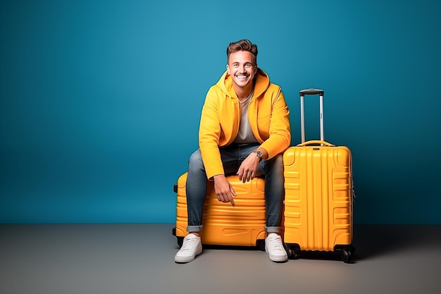 Ein glücklicher, lächelnder junger Mann sitzt auf einem Koffer und ist bereit zu reisen.