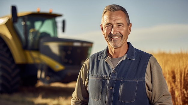 Ein glücklicher lächelnder männlicher Bauer steht in der Nähe eines Traktors oder eines Mähers in einem landwirtschaftlichen Maisfeld