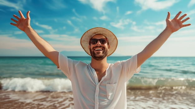 Foto ein glücklicher lächelnder mann mit einem hut und den armen am strand