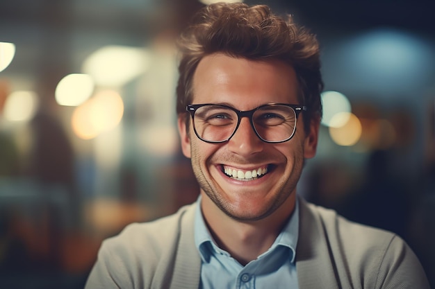 Foto ein glücklicher lächelnder professioneller mann licht verschwommenes büro hintergrund nahaufnahme