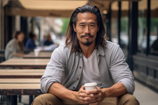 Ein glücklicher, lächelnder, selbstbewusster asiatischer Mann mittleren Alters sitzt vor dem Café, blickt weg und träumt