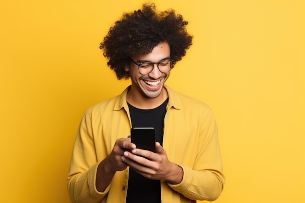 Ein glücklicher lateinamerikanischer Mann mit Telefon im Hintergrund von Mustard Studio