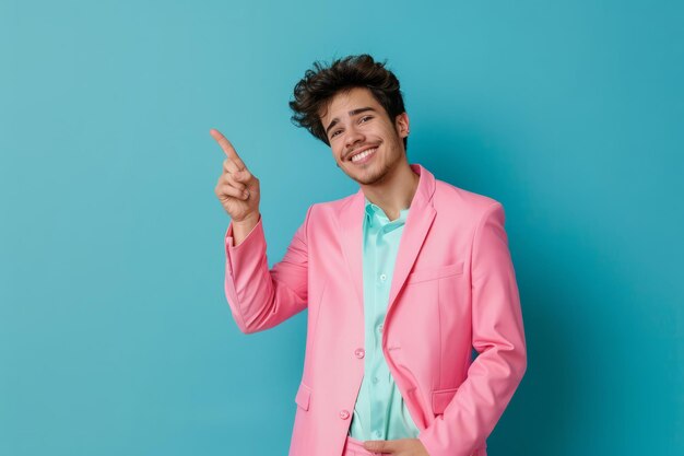 Foto ein glücklicher latino, der seitwärts zeigt, ein hübscher junger latino in einem rosa anzug, der mit der hand steht.