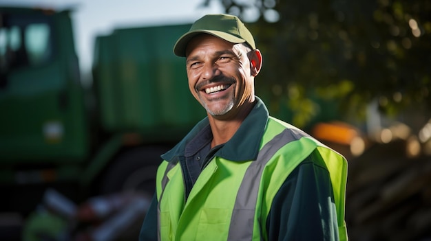 Foto ein glücklicher männlicher abfallwirtschaftsexperte, der im freien arbeitet