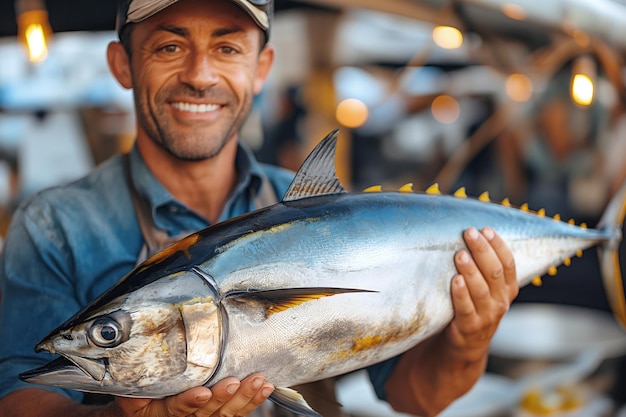 Foto ein glücklicher männlicher fischer hält einen großen thunfisch in den händen auf einem fischerschiff im ozean