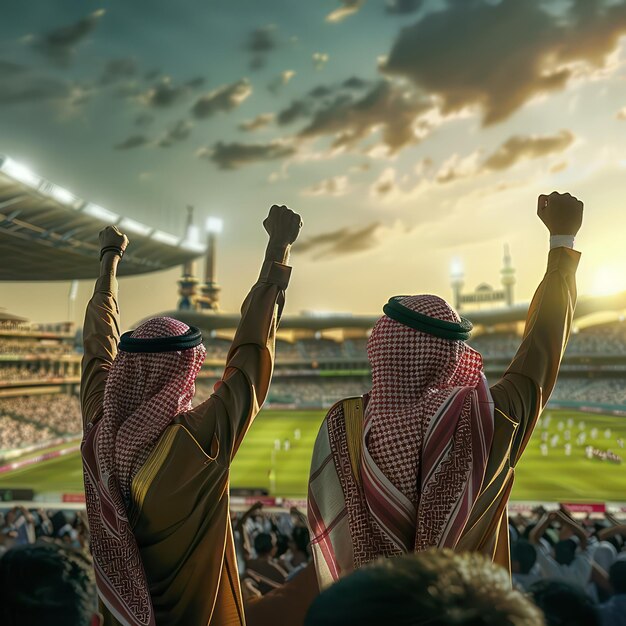 Foto ein glücklicher mann hebt seine hände in die luft bei einem fußballspiel, einem cricket-spiel