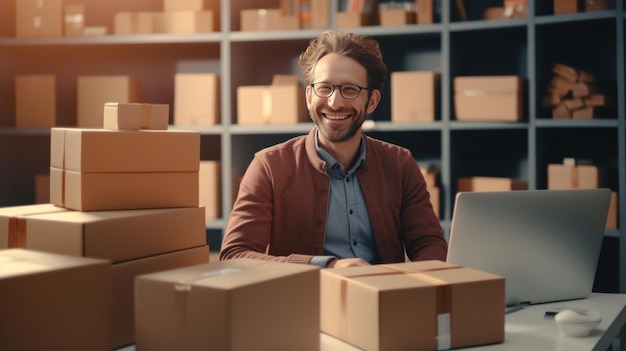 Ein glücklicher Mann im Büro, der Kisten vorbereitet und Verkäufe liefert Konzept des Onlineverkaufs von Produkten