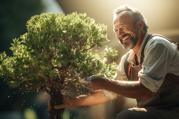Ein glücklicher Mann lichtet und beschneidet Bäume mit generativer KI