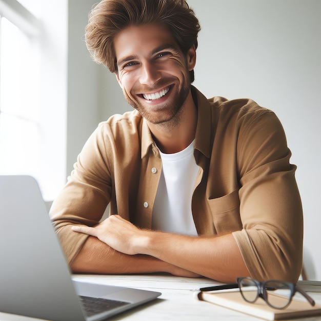 ein glücklicher Mann mit einem isolierten Computer auf weißem Hintergrund