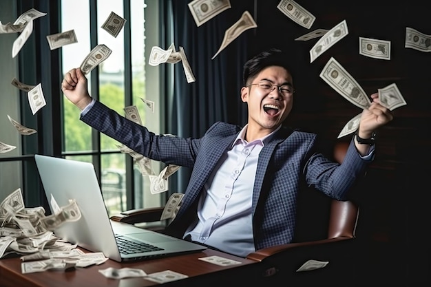 Ein glücklicher Mann mit fliegendem Bargeld im Heimbüro