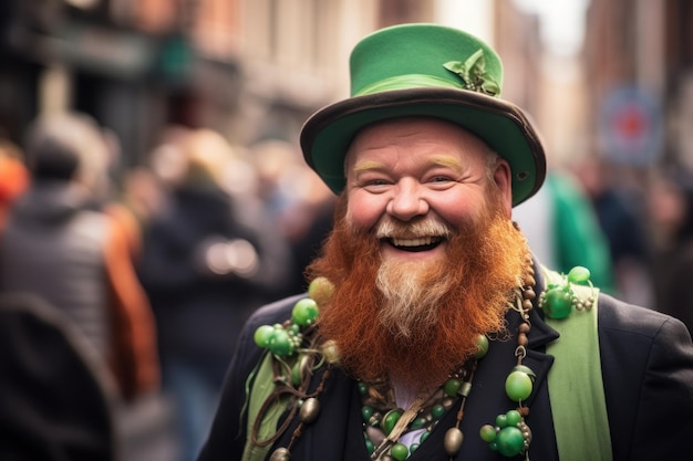 Ein glücklicher Mann mit grünem Hut und Perlen am St. Patrick's Day
