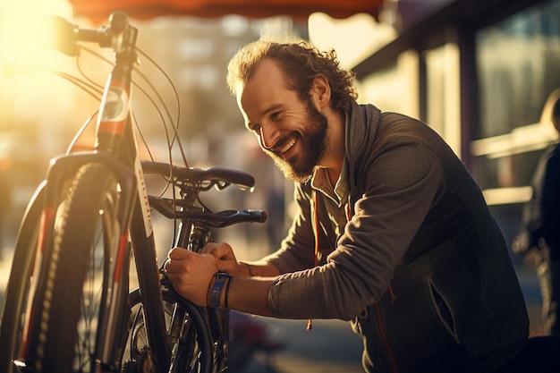 Ein glücklicher Mann repariert ein Fahrrad auf einem Fahrradhalter mit generativer KI