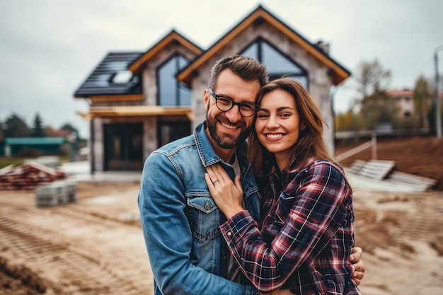 Ein glücklicher Mann und eine glückliche Frau stehen vor einem neu gebauten Haus, ein Bild von Erfolg und Freude.