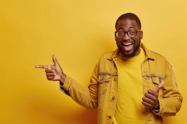 Ein glücklicher Mann zeigt mit den Fingern auf den Kopierraum auf gelben Hintergrund